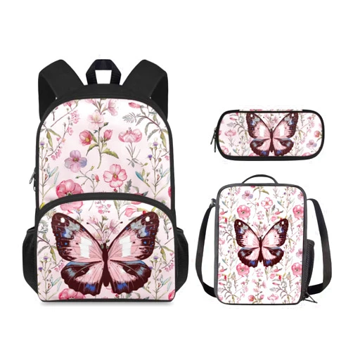 Ystardream Flower Butterfly Backpack With Lunch Box Bookbags for 6Th Grade Girls Elegant School Bag 3-in-1 Bookbag Set for Teen Girls Boys Schoolbag Elementary Preschool Bookbag