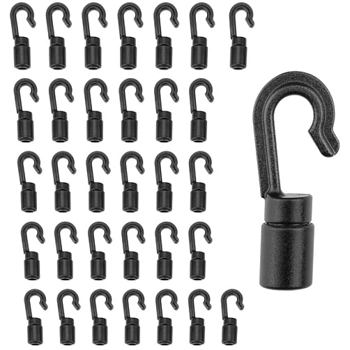 ZHOUBIN Shock Cord End Hooks for 3/16 inch to 1/4 inch, Black Plastic Bungee Cord Terminal Hooks, 32 Pcs
