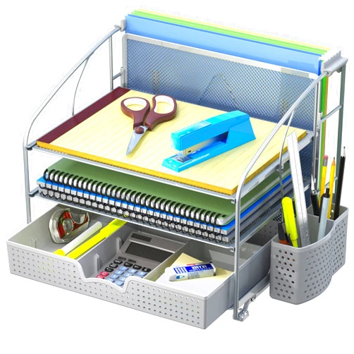 Simple Houseware Desk Organizer 3 Tray w/Sliding Drawer, Hanging File Holder and Pen Holder Accessory, Silver