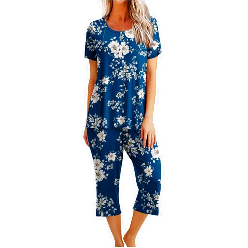 Yck-SAiWed Womens Pajamas Loungwear 2 Pieces Lounge Sets Soft Short Sleeve Shirt and Capris with Pockets Summer Nightwear