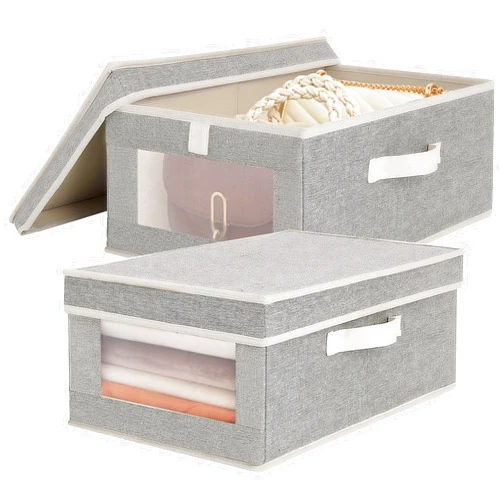 LoforHoney Home Fabric Storage Bins with Lids, Foldable Storage Baskets with Clear Window, Clothes Baskets with Durable Handles, Closet Storage Bins, Light Gray, 2-Pack
