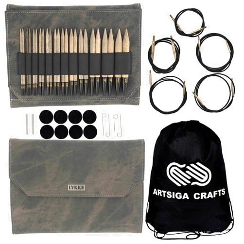 Lykke Driftwood 5 in. Complete Set US 4, 5, 6, 7, 8, 9, 10, 10.5, 11, 13, 15, 17 Interchangeable Circ. Knitting Needles for DK, Worsted, Super Chunky Yarn, Birch, 5 Cords, Grey DM Case, Project Bag