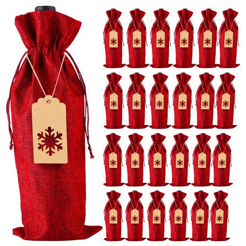 PIXHOTUL Burlap Wine Gift Bags, 24 Pcs Jute Drawstring Wine Bottle Covers with Ropes and Tags for Christmas, Wedding, Travel, Birthday, Holiday Party (24Pcs Wine Red)