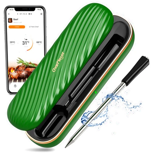 CharMeter Wireless Meat Thermometer, 500FT Remote Bluetooth Grill Thermometer with an Stylish Wave-Shaped Sliding Base, Portable Cooking IP67 Waterproof, Perfect Green Valentine's Day Gift for Kitchen Lovers