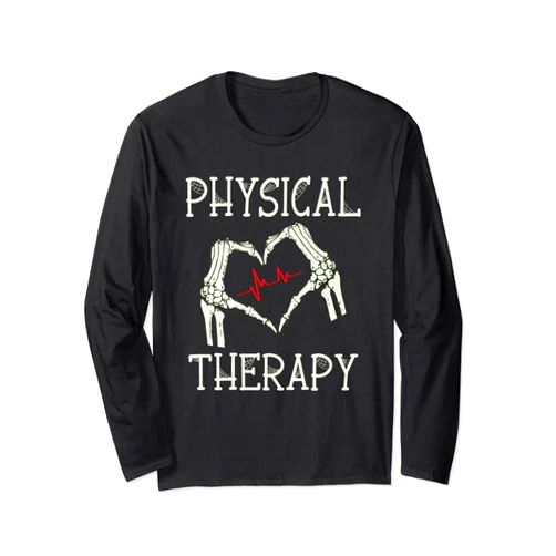 Funny Halloween Physical Therapy - DressedForDuty Physical Therapy Skeleton Hand Heartbeat Halloween PT Long Sleeve T-Shirt