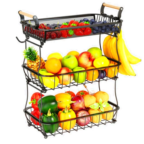 Miyawell 3 Tier Fruit Basket Bowl with 2 Banana Hangers for Kitchen Counter, Vegetable Countertop Produce Storage Holder, Large Capacity Metal Wire Fruits Stand Organizer for Onion Potato Bread Snack, Black