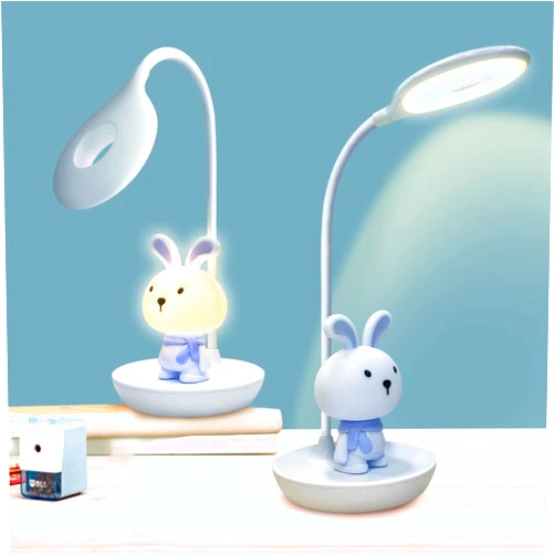CompraFun Kids Desk Lamp Pink, Dimming Desk Lamp for Girls with Exclusive Cartoon Look, Cute Night Light for Kids Bedroom, Eye-Caring LED Portable Reading Lamp for Child, Unique Gift (Blue Rabbit)