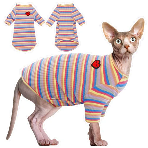 Bonaweite Sphynx Hairless Cats Shirt, Cornish Rex Kitten Rainbow Stripe T-Shirts with Sleeves, Breathable Cat Wear Turtleneck Sweater, Adorable Peterbald Cat's Clothes Vest Pajamas for All Season