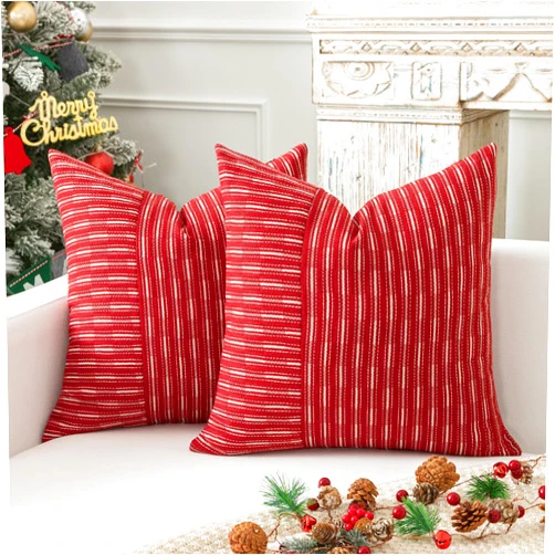 K KEVIN TEXTILE Kevin Textile Wine Red and Beige Farmhouse Striped Patchwork Linen Christmas Decorative Throw Pillows Covers 18x18, Set of 2, Modern Accent Square Cushion Covers for Couch Chair Bedroom