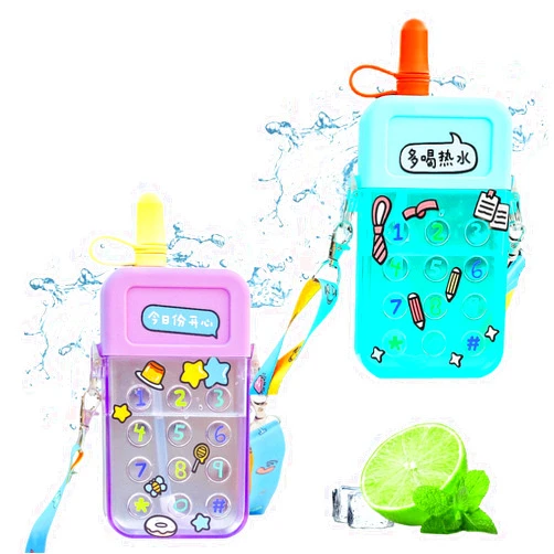 JGMLZK 2 Pieces Cute Water Bottles with Straws, Creative Kawaii Mobile Phone Shaped Plastic Leakproof Juice Drinking Cup with Adjustable Shoulder Strap for School Outdoor Camping Sports (Purple,Blue)