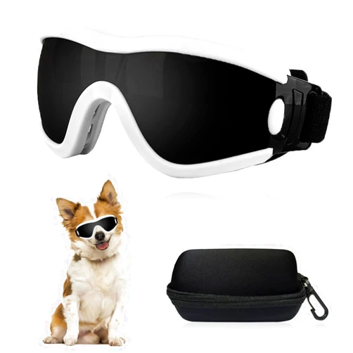 Mitubati Dog Goggles Small Breed Dog Sunglasses with Adjustable for UV Protection Eyewear Doggy Doggie Puppy Glasses Anti-Fog Wind Dust Snowproof (White Frame Black Lens)