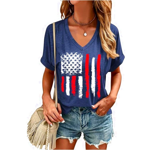 Nigbriz 4th of July Patriotic V Neck Shirt for Women Funny American Flag Graphic Tee Summer Short Sleeve T-Shirt Blouse
