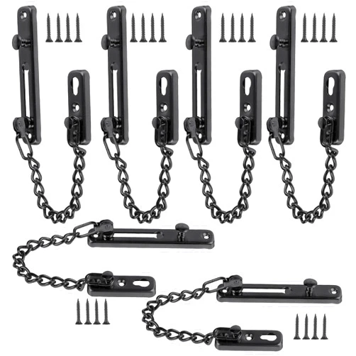 KINJOEK 6 Pack Door Chain Lock, KINJOEK Stainless Steel Security Chain Guard with Spring Anti Theft Press Lock, Heavy Duty Polished Door Latch with Screws, Black