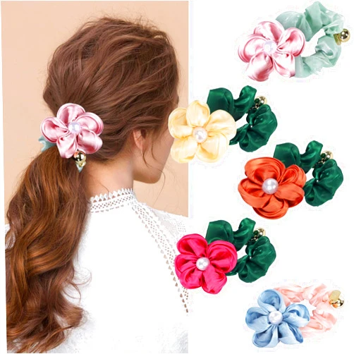 Geosoo 5 Pack Flower Satin Colorful Hair Ropes Handmade Flower Stretchy Rubber Elastics Hair Ties Ponytail Holders Floral Pearls Headbands Fancy Decorative Accessories for Women Girls