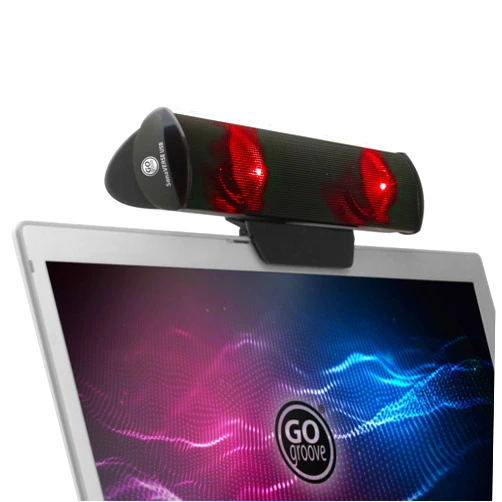 GOgroove SonaVERSE LED Speaker for Laptop Computer - USB Powered Clip-On Sound Bar with Mini Portable External Speaker Design for Monitor, Back Switch for Power - Audio Input and Power (Red)