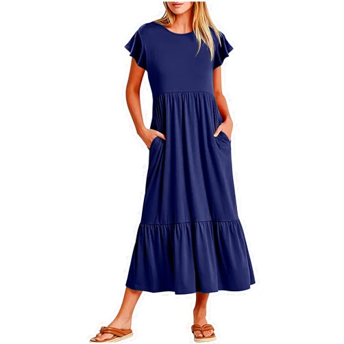 Generic Women Plain Casual Long Dresses Short Sleeve Tiered Dress Beach Maxi Dresses Trendy Summer Clothes