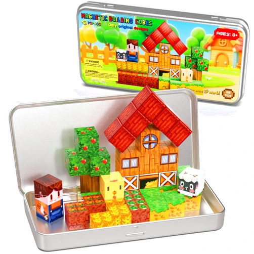 POPOOO Farm Animal Magnetic Building Blocks Travel Toys, 35PCS Magnetic Cubes for Kids 3-8, Portable STEM Building Tiles with Metal Storage Box, Toddler Learning Toys for Ages 3-5，Fun Gifts, Classroom Prizes