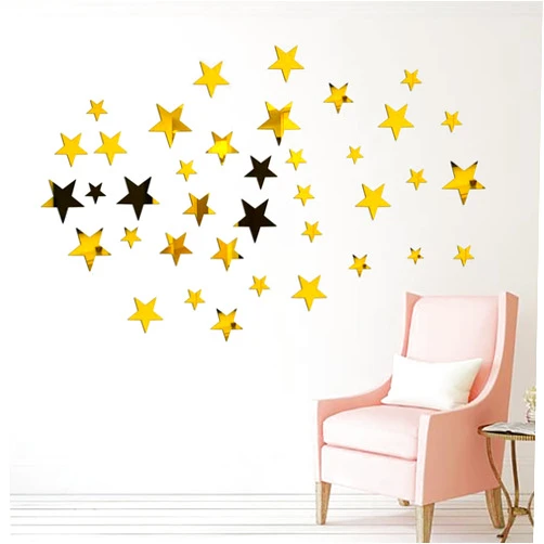 Tvphlly 40Pcs 3D Golden Stars and Acrylic Mirror Wall Stickers with Adhesive Art Decal Satin Paper Baby Kids Bedroom Home DIY Decor Removable Stickers (Golden Stars)