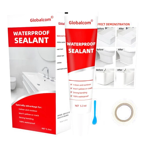 Globalcom Advanced Silicone Caulk for Kitchen & Bathroom - 100% Waterproof Silicone Sealant for Interior and Exterior Use, Stronger Adhesion, Shrink & Crack Proof - 5.3 oz White