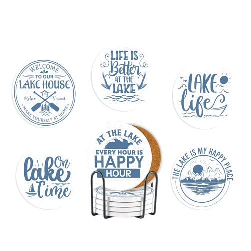 Onebttl Lake House Gifts, Lake Theme Coaster for Drinks, Set of 6, Lake Gifts for Women & Men, Lake Stuff for Lake Lovers, Lake Theme Bar Coasters - Lake Sayings