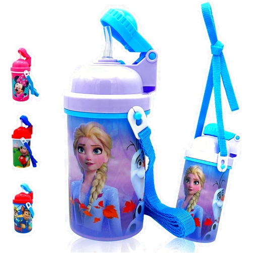 Zak Designs Disney Frozen One Touch Button Water Bottles with Reusable Built in Straw, Carrying Strap - Safe Approved BPA Free, Easy to Clean, for Kids Girls Boys, Goodies Home Travel