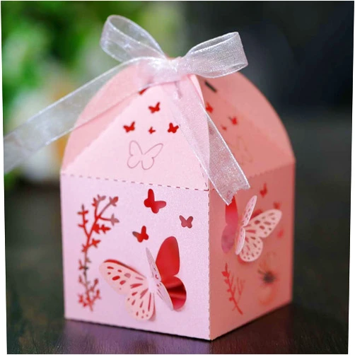 Steedna 50 Pack Laser Cut Chocolate Candy Box Hollow Out Wedding Party Favors Three-Dimensional Butterfly Pattern Candy Boxes Party Favors Ideal for Weddings, Birthdays & Anniversaries (Pink)
