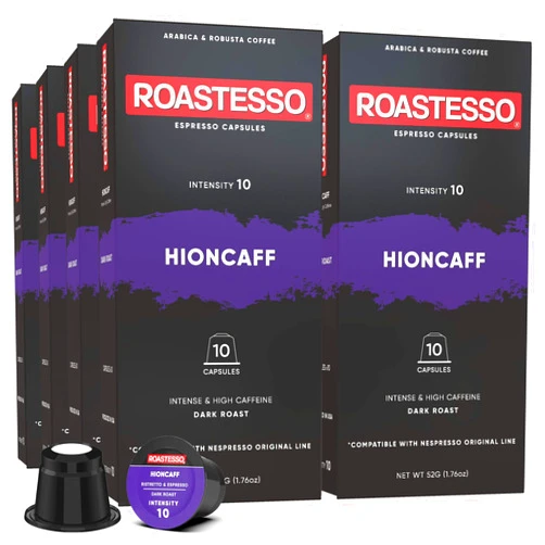 Roastesso Espresso Capsules, Hioncaff, Intensity 10, Compatible with Nespresso Original Machines, High Caffeine, Dark Roast Ristretto, Single Serve Recyclable Coffee Pods (80 Count)