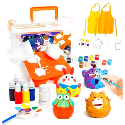 Kiditos DIY 3D Plaster Painting Toy Set,Paint Your Own Figurines,Ideal Birthday Gift for Kids 3+,Creative Arts and Crafts STEM Activities,Ceramic Ornaments with 12 Colors Acrylic,2 Tablecloth&3 Aprons