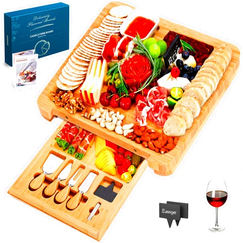 Easoger Cheese Board, Large Charcuterie Board Set, Bamboo Serving Platter, 4 Serving Knives and Utensils - House Warming Gifts, Wedding Gifts for Couples, Birthday Gift for Women or Men