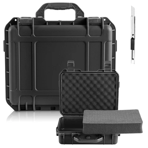 Relaxweex 1 Pcs 11.3 x 8.7 x 4.2 Inch Waterproof Hard Case with DIY Customizable Foam Insert Portable Protective Case with Knife for Camera Drones Equipments Tools Test Instruments (Black)