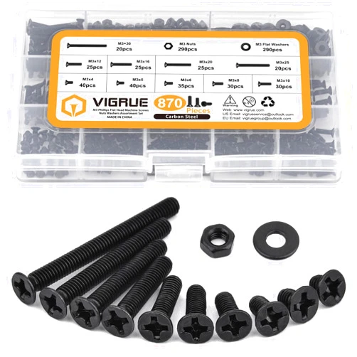 VIGRUE VIRGUE 870Pcs M3 Flat Head Phillips Machine Screws Black, M3 x 4/5/6/8/10/12/16/20/25/30mm Countersunk Metric Machine Screws Assortment Kit