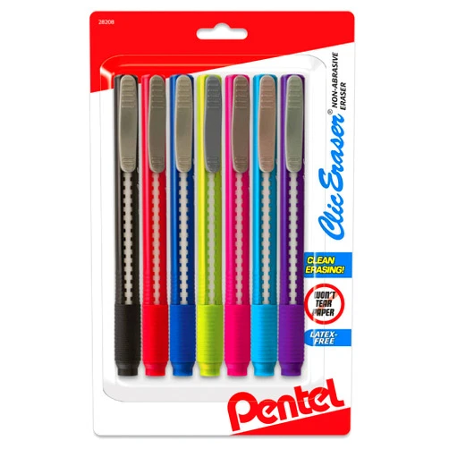 Pentel Clic Eraser - Retractable - Pen Style Grip - Big Erasers for Pencils - Pack of 7 Assorted Colors - Used for Drawing, Art, Drafting, Office, and School Supplies, for Adults & Kids