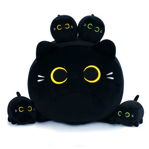 Auspicious beginning 5 PCS Black Cat Plush Toys- Black Cat Plush Stuffed Animal Family, Cute Black Cat Mommy Cat with 4 Baby Kittens Cat Plushies for Kids, Kawaii Cat Plush Toy Birthday Gifts for Kids Boys Girls