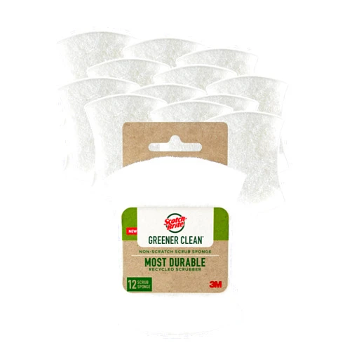 Scotch-Brite Greener Clean Non-Scratch Scrub Sponge, Sponge for Washing Dishes, Cleaning Kitchen, Superior Performance and Made with Sustainable Materials, Dishwasher Safe, 12 Scrub Sponges