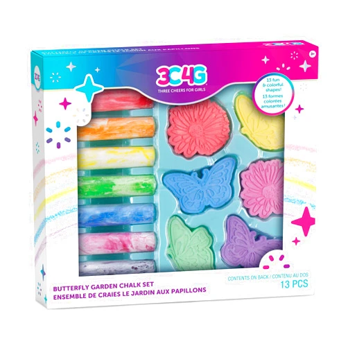 3C4G Three Cheers for Girls - Butterfly Garden Chalk Set - Bright Sidewalk Chalk for Kids - Outdoor, Washable, Non Toxic, Jumbo Sidewalk Chalk for Toddlers - Fun Butterfly & Flower Shaped Kids Chalk