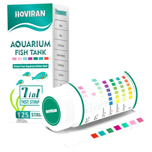 HOVIRAN 7 in 1 Aquarium Test Strips, 125 Count Fish Tank Test Strips for Freshwater Saltwater Pond, Water Testing Kit Aquarium for Chlorine, Total Hardness, Carbonate, Alkalinity, Nitrate, Nitrite and pH