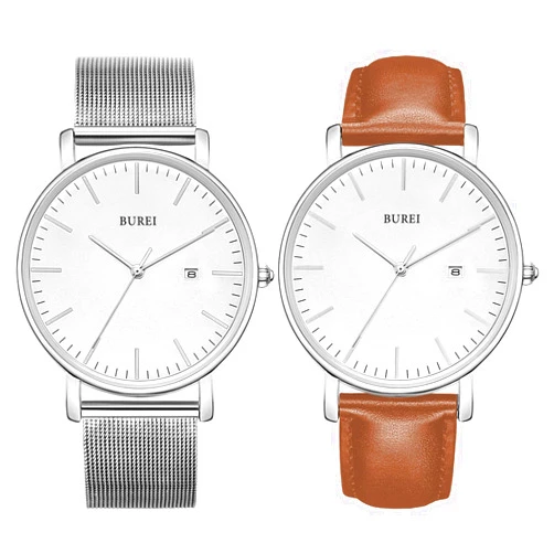 BUREI Men's Fashion Minimalist Wrist Watch Analog Date with Stainless Steel Mesh Band/Leather Strap Silver and Silver Brown Watch Combination
