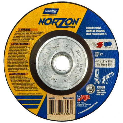 Norton 66252843323 4-1/2x1/8x5/8-11 In. NorZon Plus SGZ CA/ZA Grinding and Cutting Wheels, Type 27, 24 Grit, 10 pack