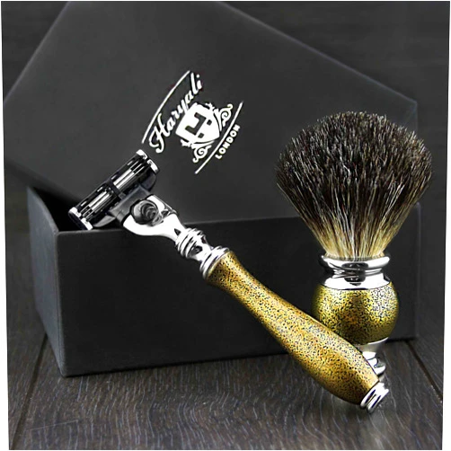 Haryali London Mens Grooming & Shaving Kit 3 Edge Razor With Black Badger Hair Brush Perfect Set For Men