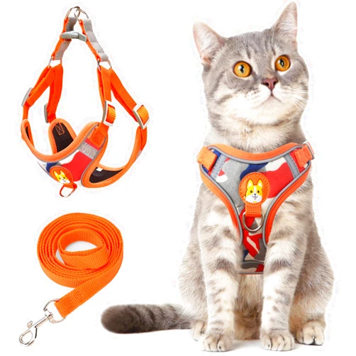 Otunrues Cat Harness and Leash Set for Walking Escape Proof, Easy-to-WEAR Adjustable Cat Harness with Reflective Strap - Comfort Fit for Kitten Cat and Small Dogs (Orange,XL)