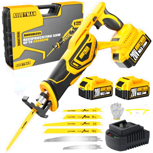 Alloyman Brushless Reciprocating Saw, 3300SPM Motor, Variable Speed, 2 x 4000mAh Batteries Powered, 6 Saw Blades, Tool Free Blade Change, 20V Reciprocating Saw Cordless for Wood/Metal/PVC