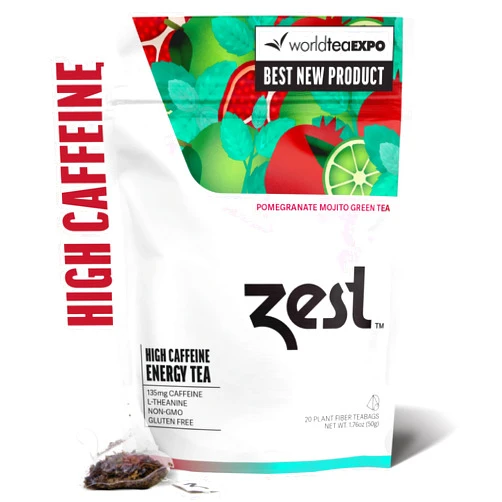 ZEST TEA Zest 135mg High Caffeine Energy Leaf Blend - Pomegranate Mojito Green Tea - 20 Pack Bag - All Natural Strong Flavored Healthy Coffee Alternative Highly Caffeinated Substitute - Perfect for Keto