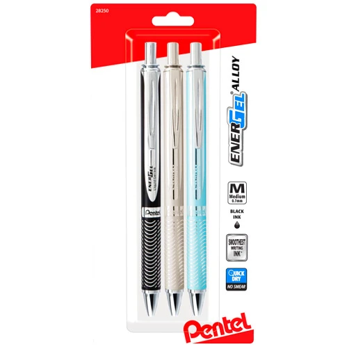 Pentel Energel Alloy Rt Retractable Liquid Black Ink Gel Pens, 3 Pack, 0.7mm Medium Metal Tip, Black, Silver, & Aquamarine Color Barrel, Professional Pentel Pens For Business Executive Women & Men.