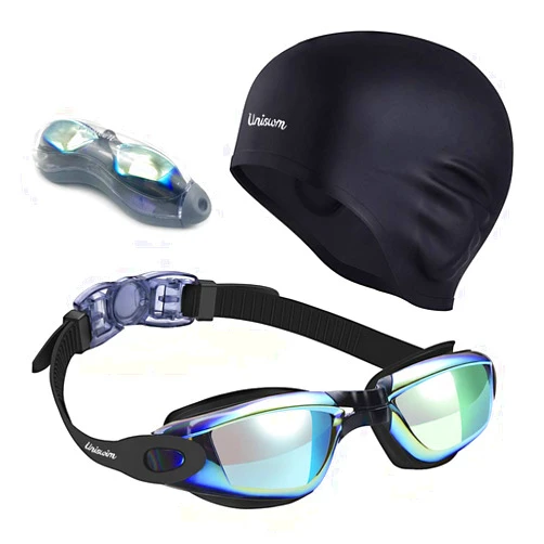 Uniswim Swimming Goggles Swimming Cap Set Swim Glasses Silicone Swim hat Pack for Adults with Anti Fog Glasses for Swimming