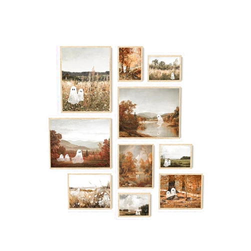 Roslynity Vintage Ghost Halloween Wall Art Prints Aesthetic Farmhouse Pictures Poster Cute Painting Canvas Artwork Landscape Retro Spooky Fall for Home Bedroom Living Room Decor (UNFRAMED)