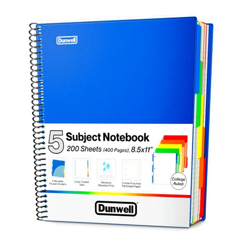 Dunwell 5-Subject Spiral Notebook, College Ruled (Blue), Colorful Movable Pocket Dividers with Tabs, Front/Back Plastic Covers, 200 Sheets (400 Pages) of 3-Hole Punch Perforated 8.5x11 Paper