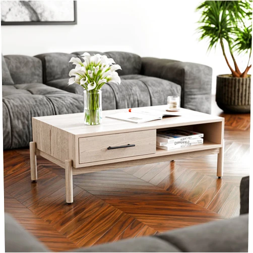Bme Coffee Table for Living Room, Lyra Solid Wood Rectangle, Mid Century Modern Center Table with Storage, Easy Assembly, Oak Light Grey