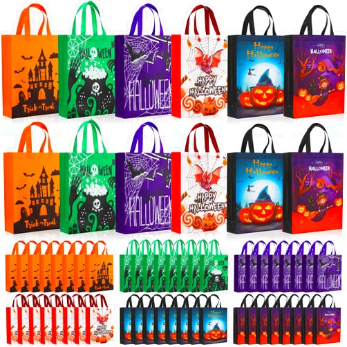 Paterr 120 Pcs Halloween Tote Bags Gift Bags 14.96 x 11.8'' Large Halloween Trick or Treat Bags Halloween Non Woven Candy Bags Treat Goody Tote Bag Reusable Tote Bag for Halloween Party Supplies