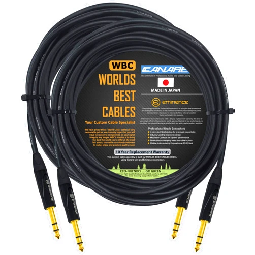 WORLDS BEST CABLES 2 Units - 18 Foot - Canare L-4E6S, Star Quad Balanced TRS Patch Cable with Eminence Gold E502 TRS Stereo Plugs - Custom Made