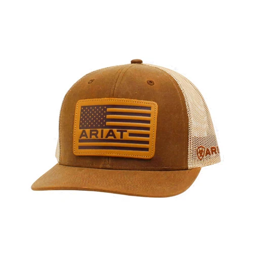 ARIAT Men's Oilskin Richardson 112 Cap with USA Flag Leather Patch, Mesh Back, Snap Closure, Cotton-Poly Blend